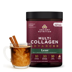 Ancient Nutrition envase frontal mostrando diseño y beneficio para composición corporal