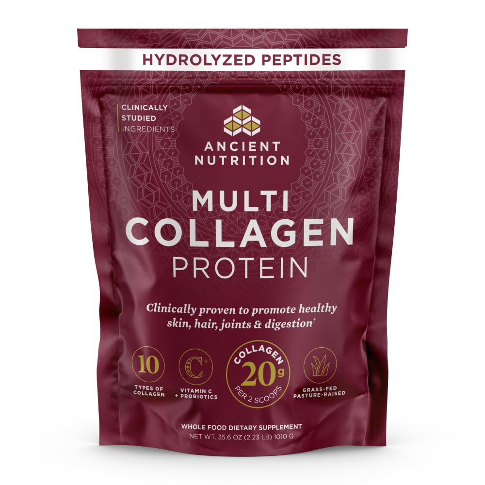 Ancient Nutrition envase frontal del polvo sin sabor mostrando etiqueta clara y beneficio de solubilidad