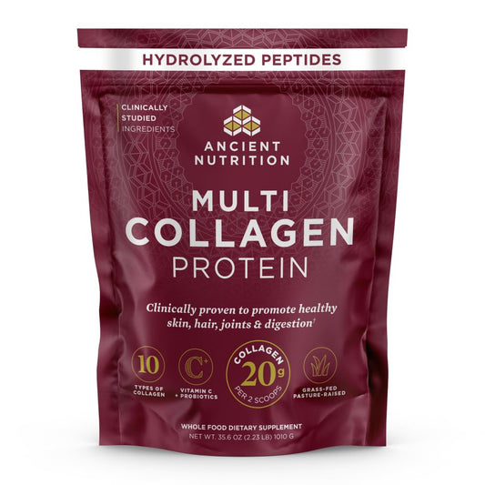Ancient Nutrition envase frontal del polvo sin sabor mostrando etiqueta clara y beneficio de solubilidad