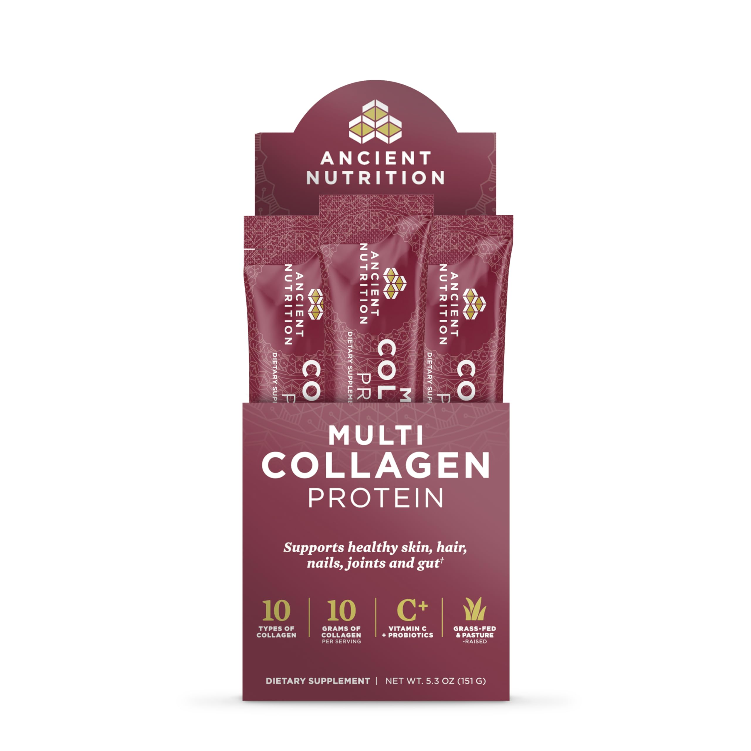 Ancient Nutrition envase frontal del polvo de colágeno sin sabor mostrando etiqueta y beneficios