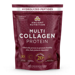 Ancient Nutrition envase frontal del polvo sin sabor mostrando etiqueta clara y beneficio de solubilidad