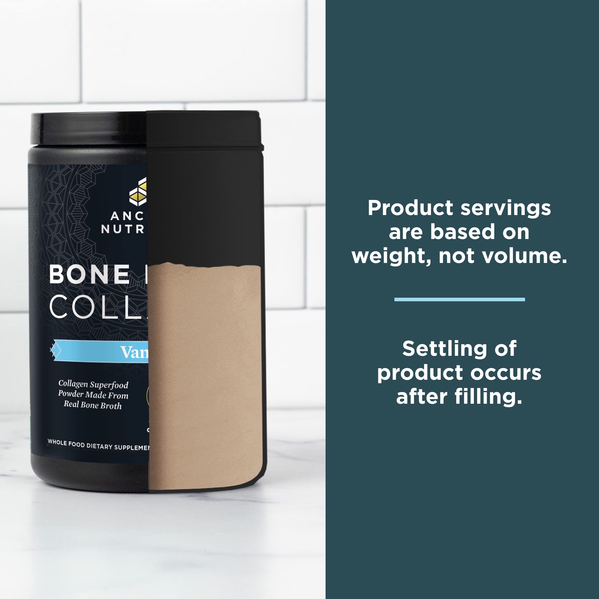 Ancient Nutrition comparativa de tamaño bote y scoop para dosificación clara