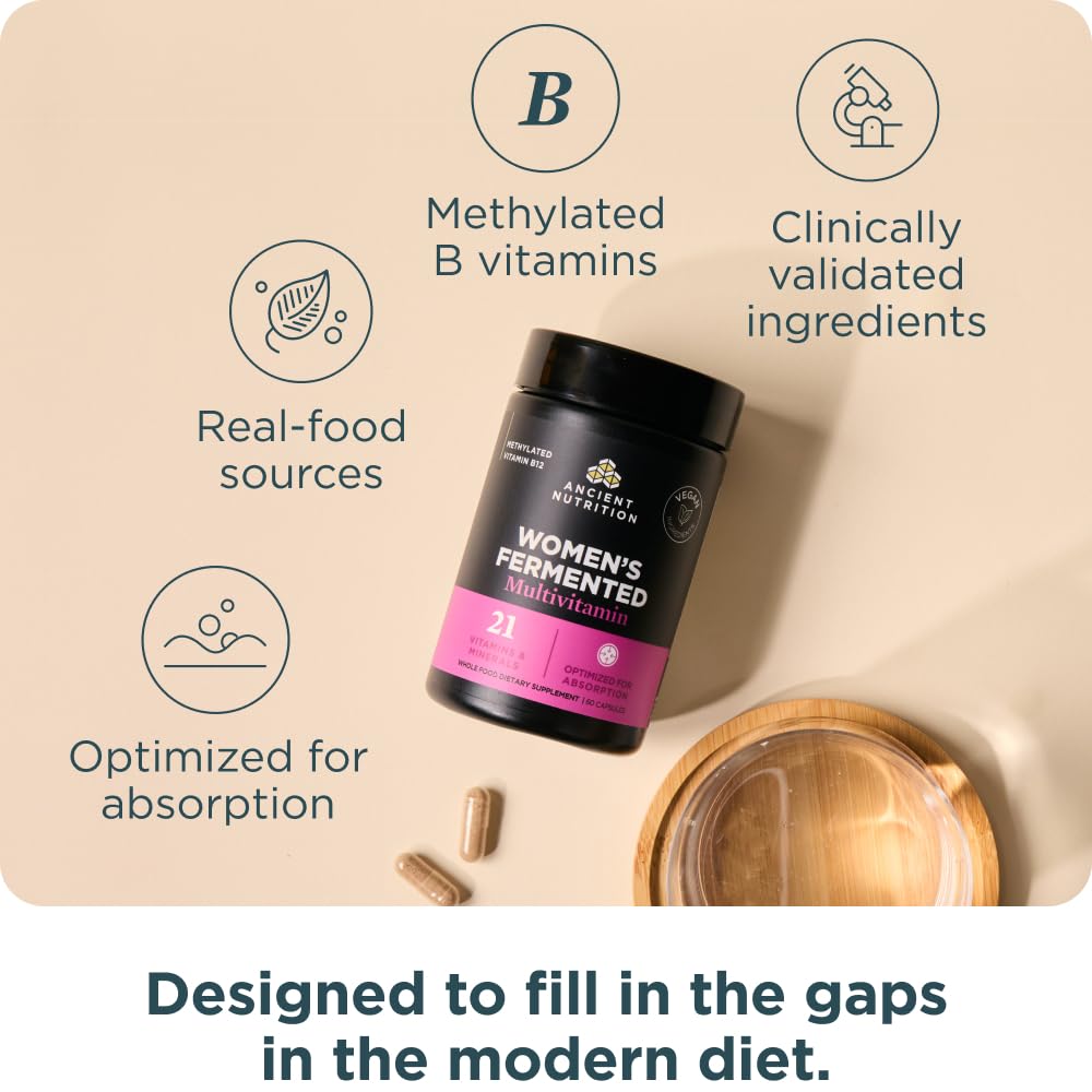 Ancient Nutrition bote junto a cápsulas para comparar tamaño y porciones