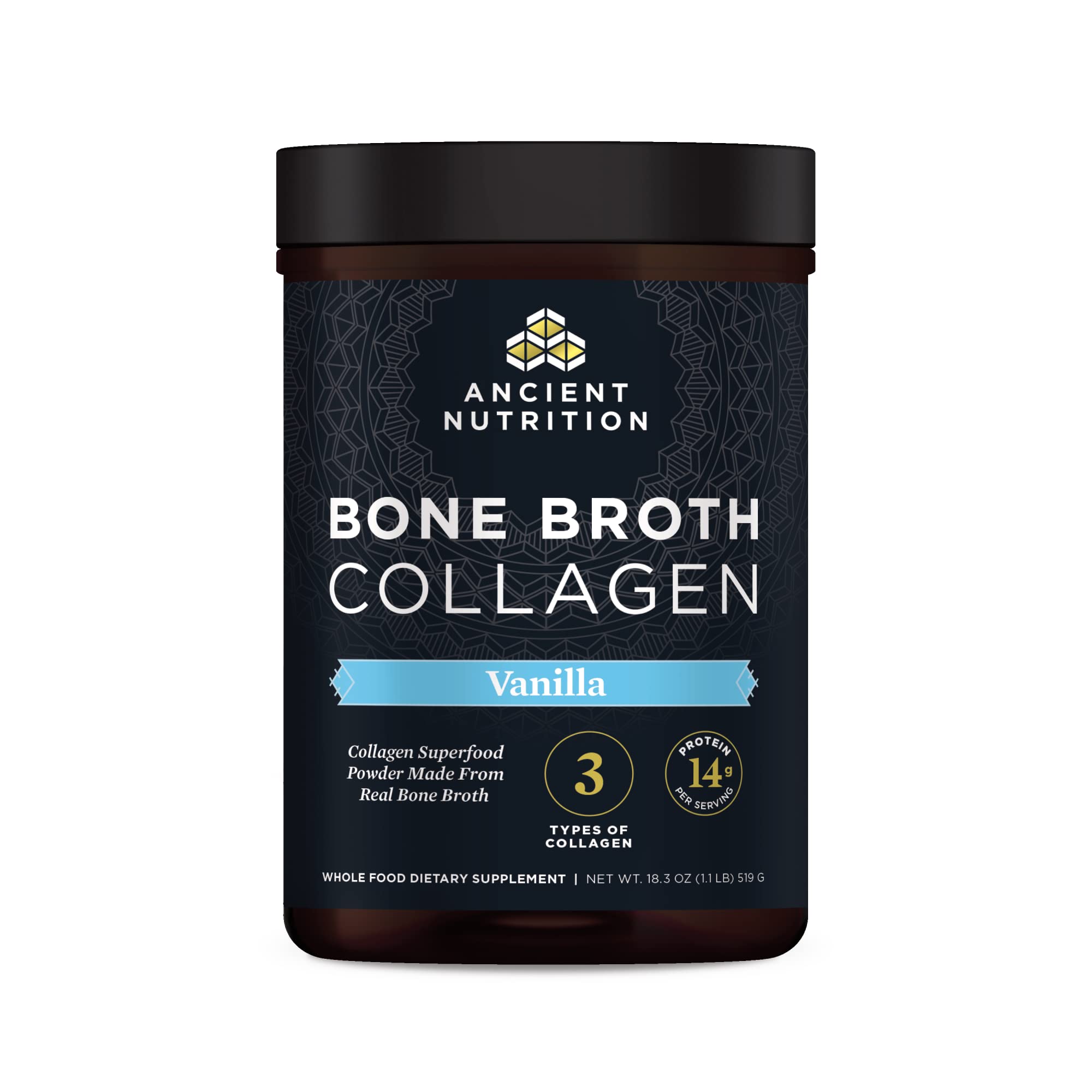 Ancient Nutrition empaque frontal vainilla mostrando formato y beneficio práctico
