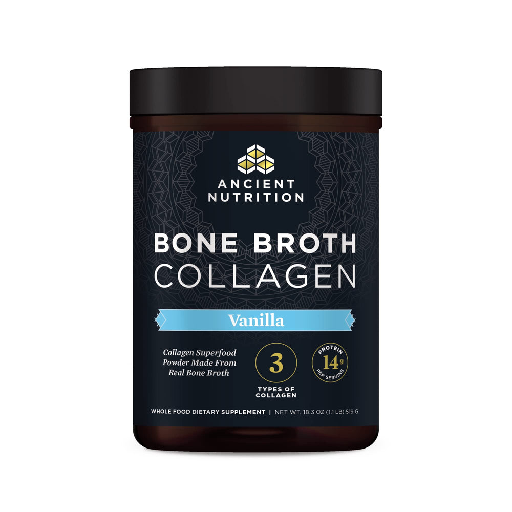 Ancient Nutrition empaque frontal vainilla mostrando formato y beneficio práctico