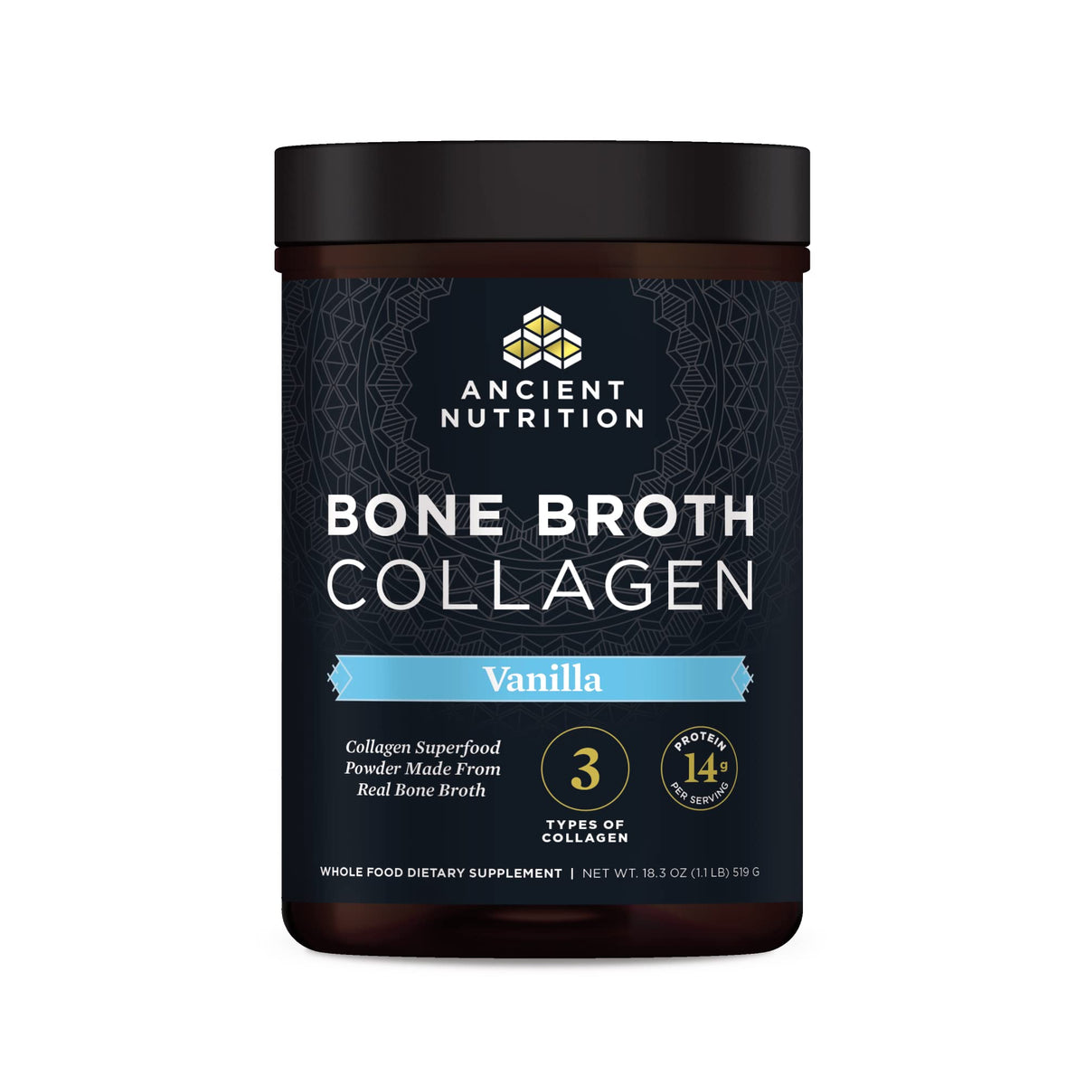 Ancient Nutrition empaque frontal vainilla mostrando formato y beneficio práctico