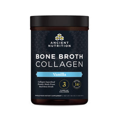 Ancient Nutrition empaque frontal vainilla mostrando formato y beneficio práctico