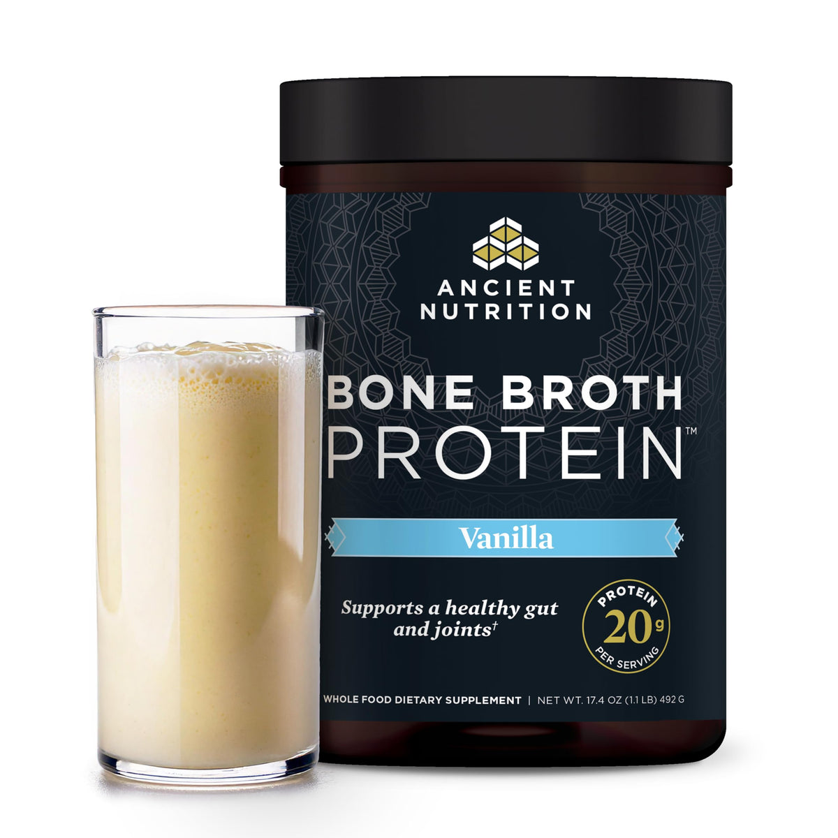 Ancient Nutrition envase frontal vainilla mostrando marca y beneficio proteico