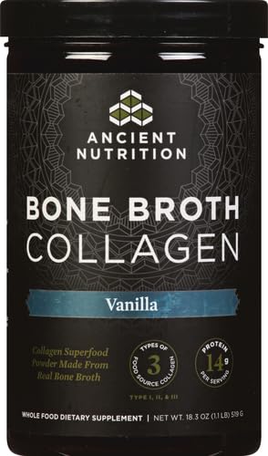 Ancient Nutrition vaso de café con polvo mezclado sabor vainilla sin grumos