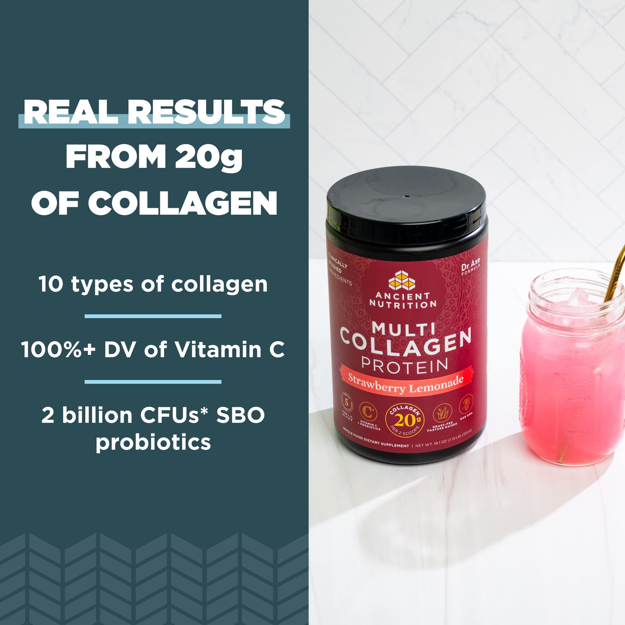 Ancient Nutrition vaso con colágeno disuelto listo para beber, mezcla rápida