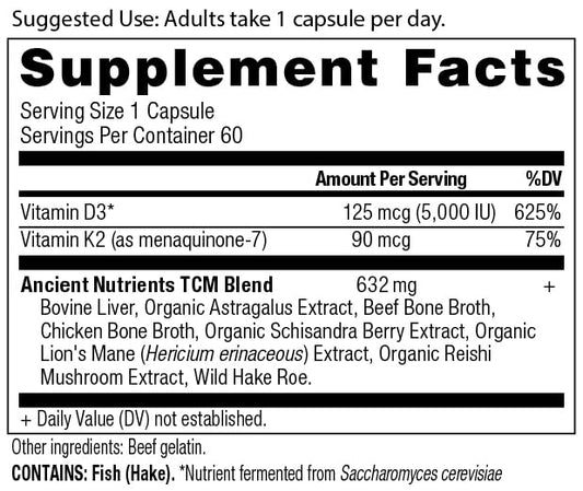 Ancient Nutrition cápsulas en mano listo para tomar y facilitar la dosis diaria