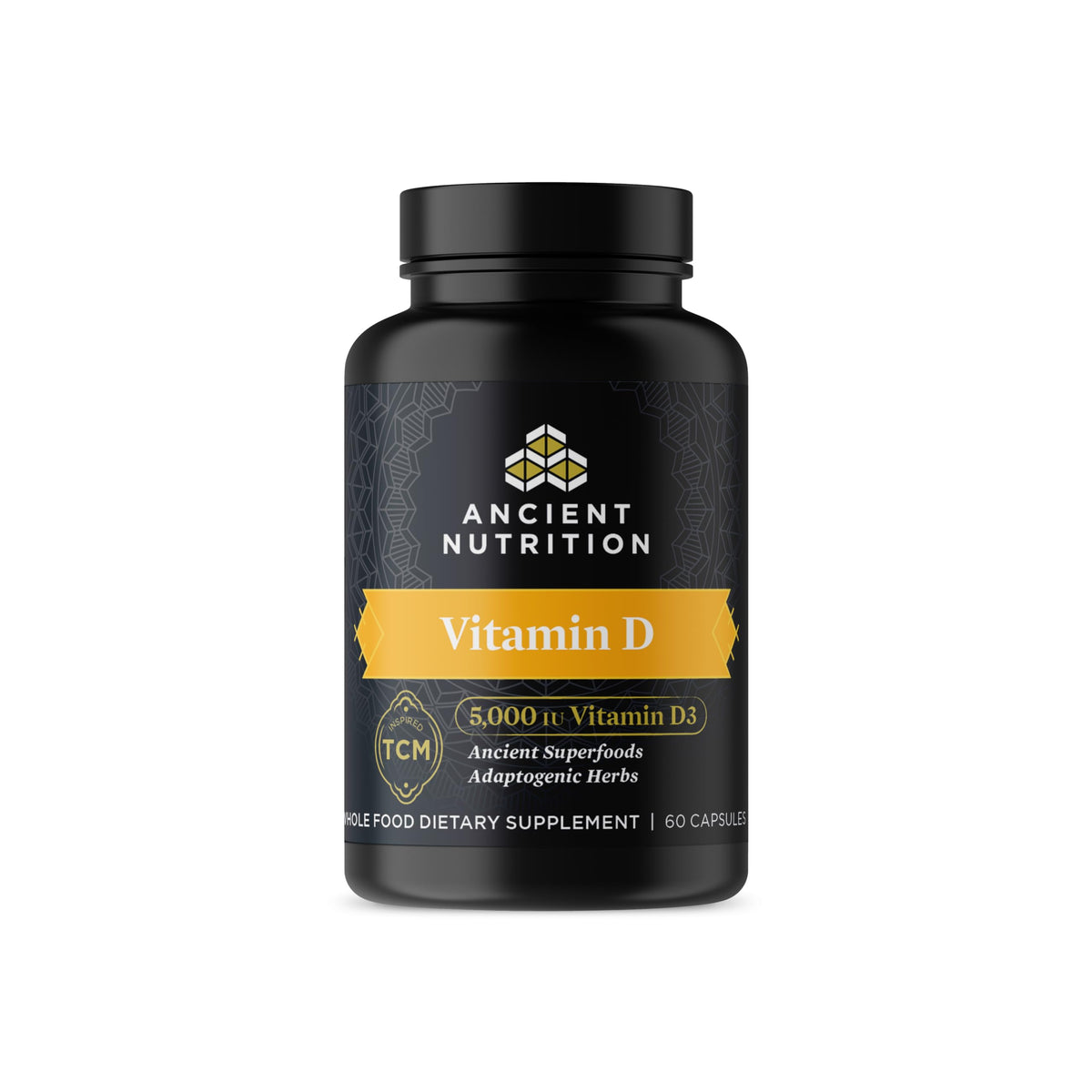 Ancient Nutrition frasco frontal mostrando D3 5,000 IU y K2 para apoyo óseo