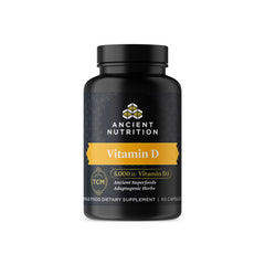Ancient Nutrition frasco frontal mostrando D3 5,000 IU y K2 para apoyo óseo