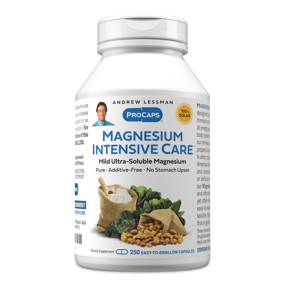 ANDREW LESSMAN envase frontal mostrando ProCaps Magnesium Intensive Care y beneficios