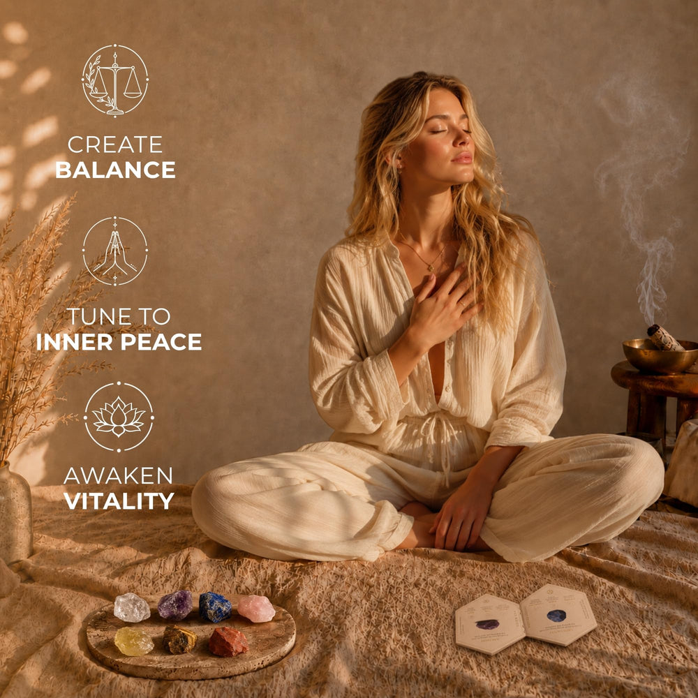 Anima cristales sobre mesa de altar, disposición para meditación y enfoque