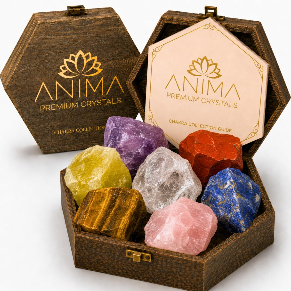 Anima set 7 cristales en caja, presentación elegante para regalo y ritual