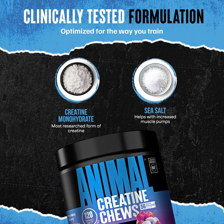 Animal creatine chews etiqueta nutricional mostrando 5 g creatina