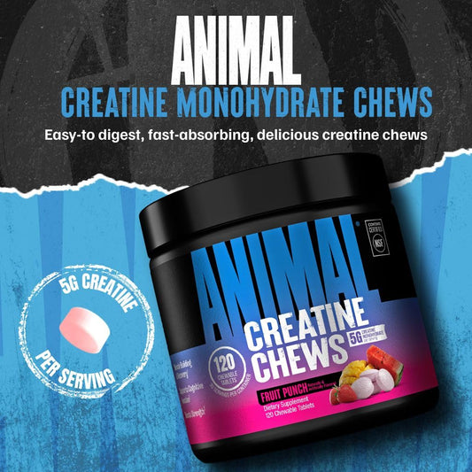 Animal creatine chews tabletas cerca, detalle de tamaño y textura
