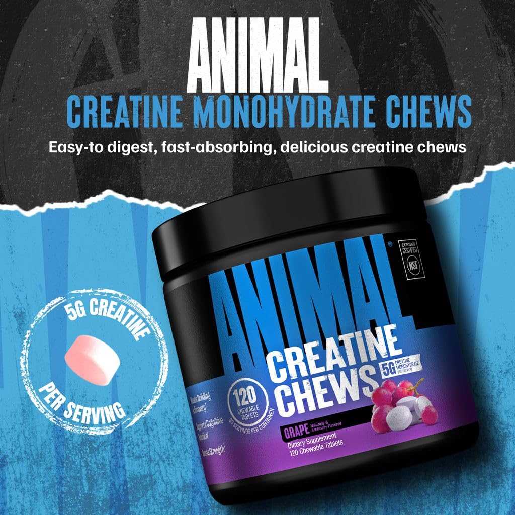 Animal creatine chews tabletas apiladas destacando forma masticable