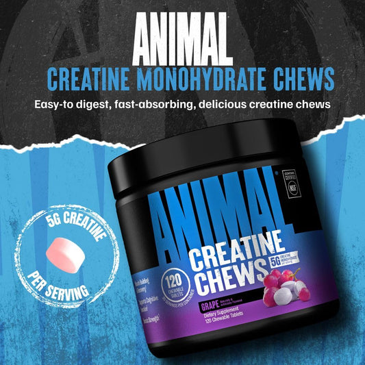 Animal creatine chews tabletas apiladas destacando forma masticable