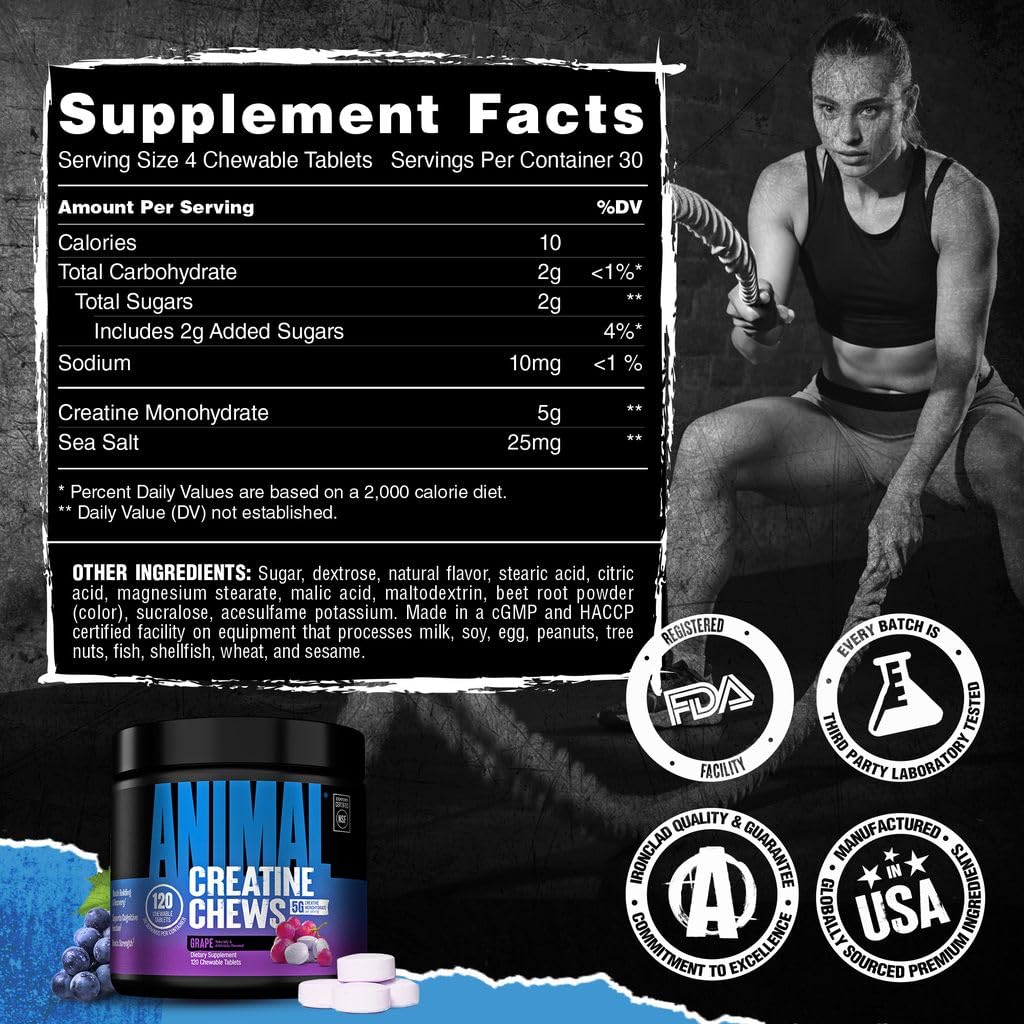 Animal creatine chews comparación de tamaño con una moneda para escala