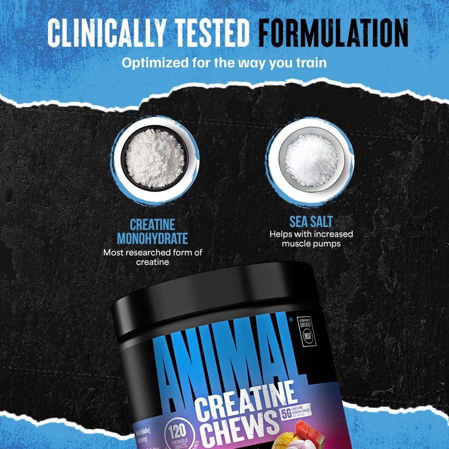 Animal creatine chews textura de una tableta, muestra solidez y sabor