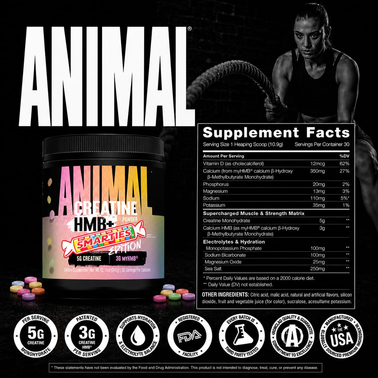Comparación de tamaño del bote Animal Creatine HMB Smarties y servicio
