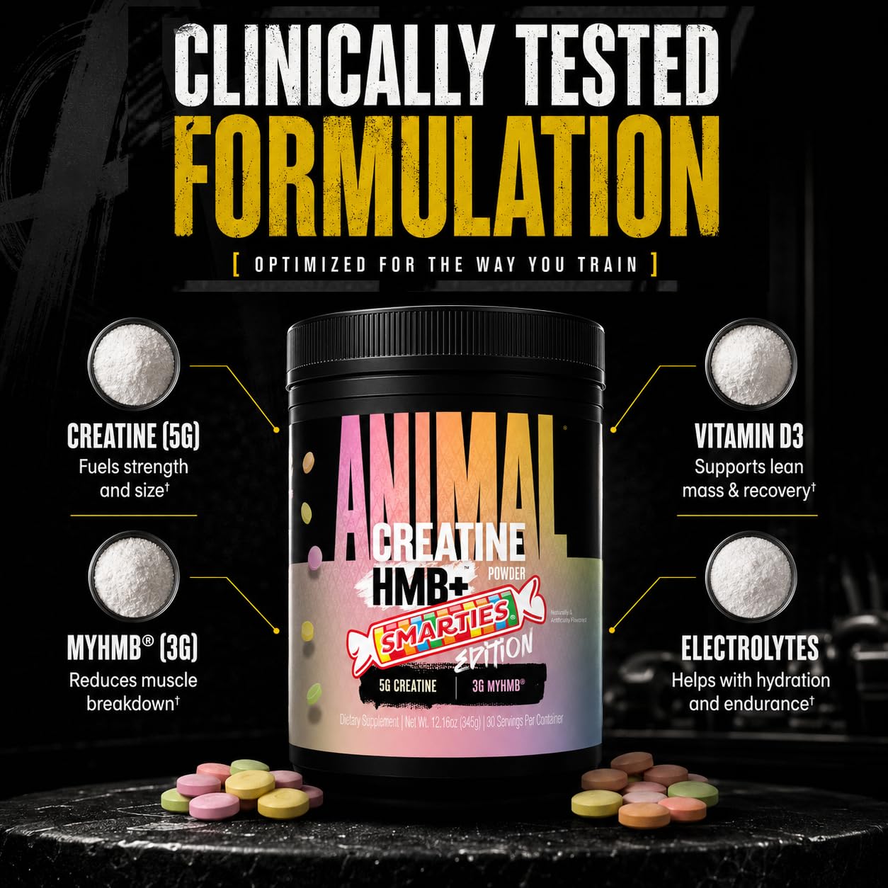 Etiqueta nutricional Animal Creatine HMB Smarties con ingredientes visibles
