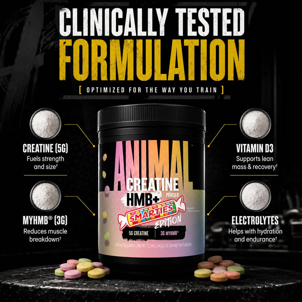 Etiqueta nutricional Animal Creatine HMB Smarties con ingredientes visibles