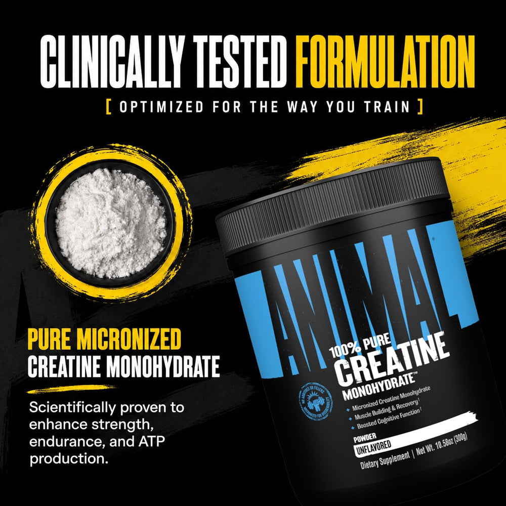 Etiqueta de Animal creatine con información nutricional, transparencia y calidad