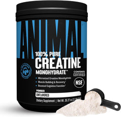 Animal creatine envase frontal mostrando tamaño y diseño, confianza y pureza