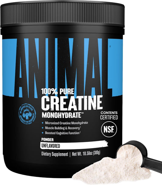 Animal creatine monohydrate vista frontal del envase y marca, claridad y confianza