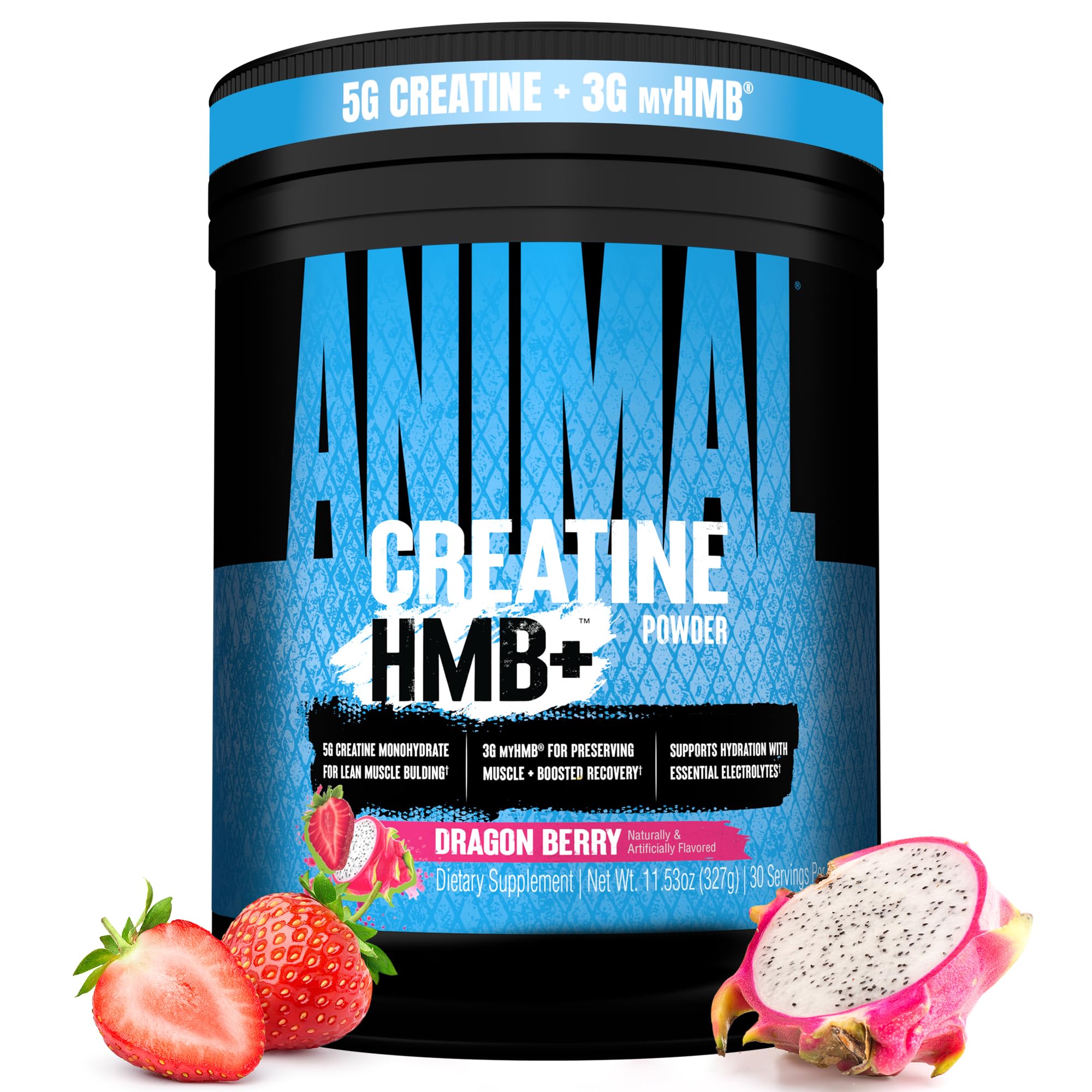 Animal Creatine HMB frontal del envase mostrando marca y sabor Dragon Berry, confianza de calidad