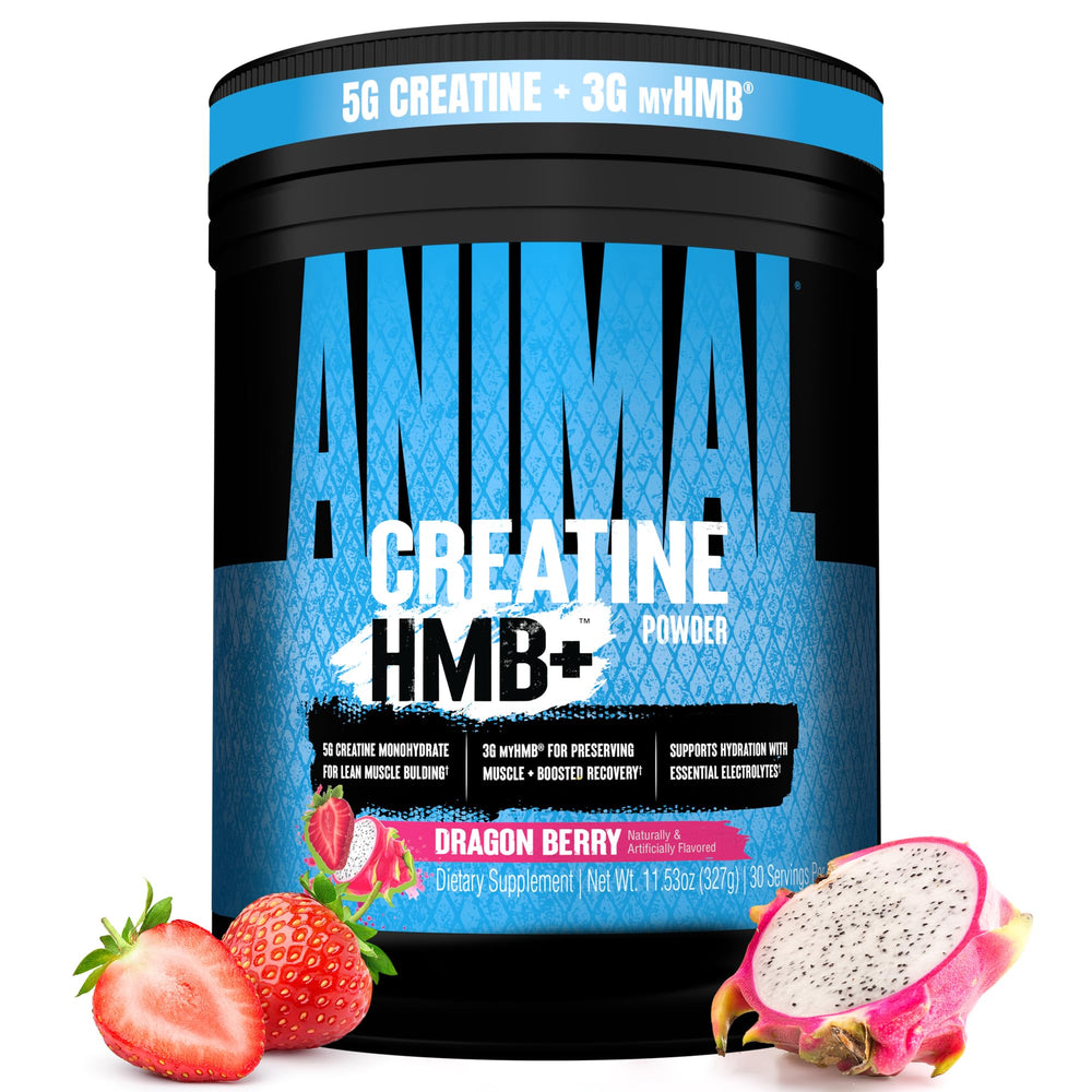 Animal Creatine HMB frontal del envase mostrando marca y sabor Dragon Berry, confianza de calidad