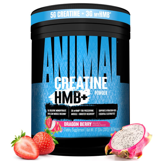 Animal Creatine HMB frontal del envase mostrando marca y sabor Dragon Berry, confianza de calidad