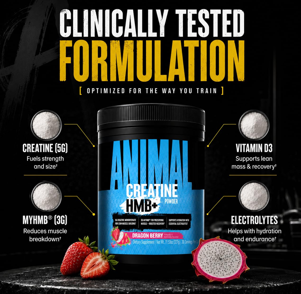 Animal Creatine HMB etiqueta con ingredientes, transparencia y sello de fabricación GMP
