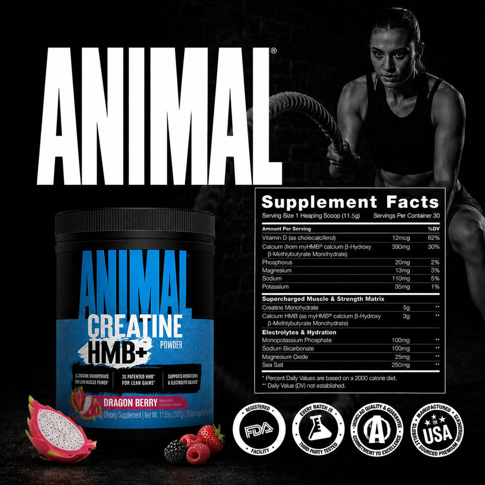 Animal Creatine HMB polvo y frutas estilo Dragon Berry, sabor refrescante y natural