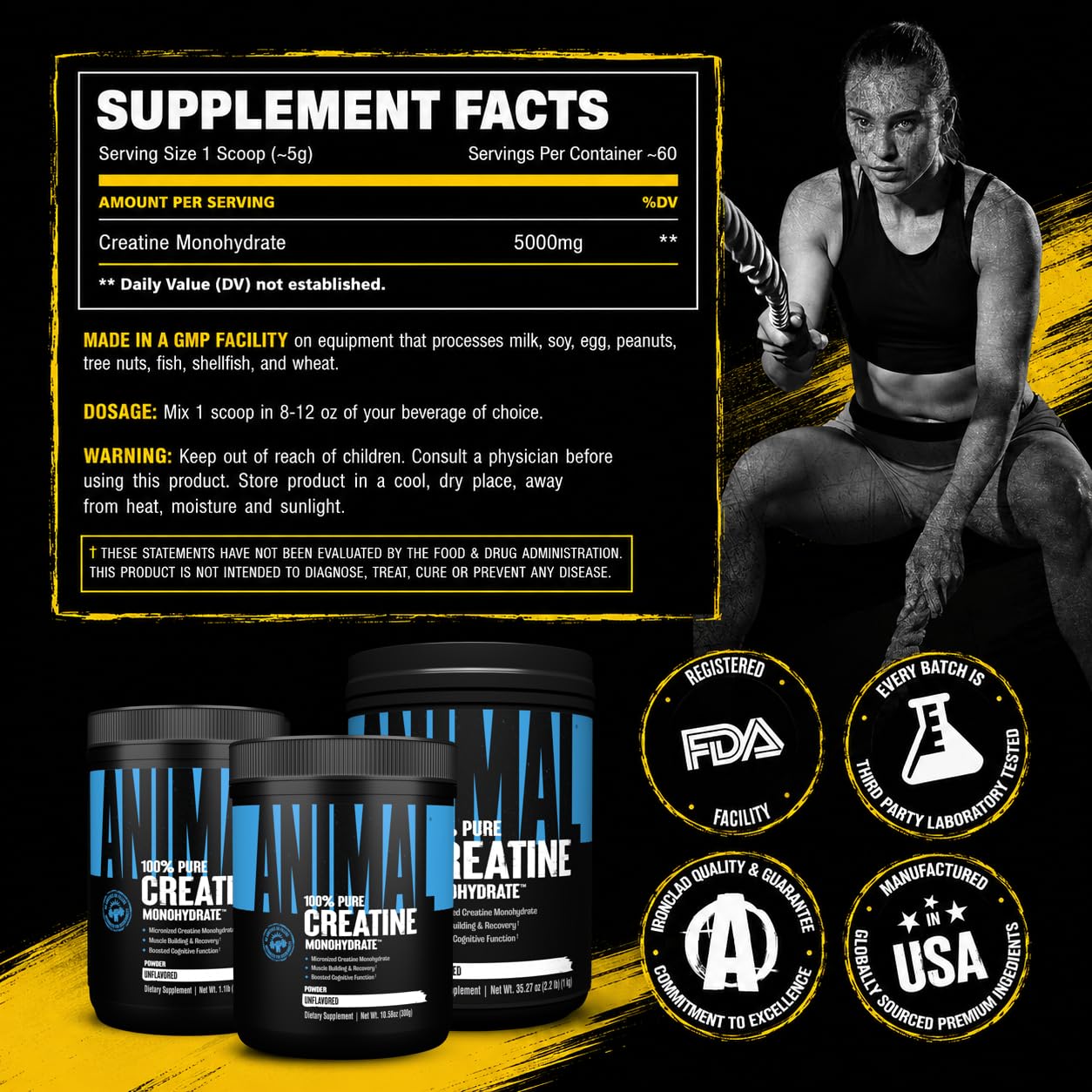 Animal creatine imagen de ingredientes y control de calidad fabricado en EE. UU.