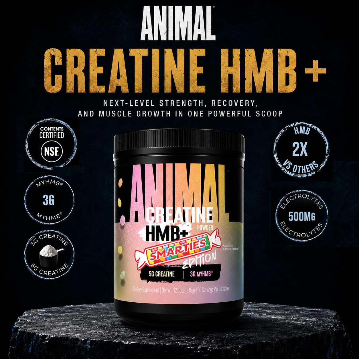 Detalle del polvo Animal Creatine HMB Smarties para mezclar fácilmente