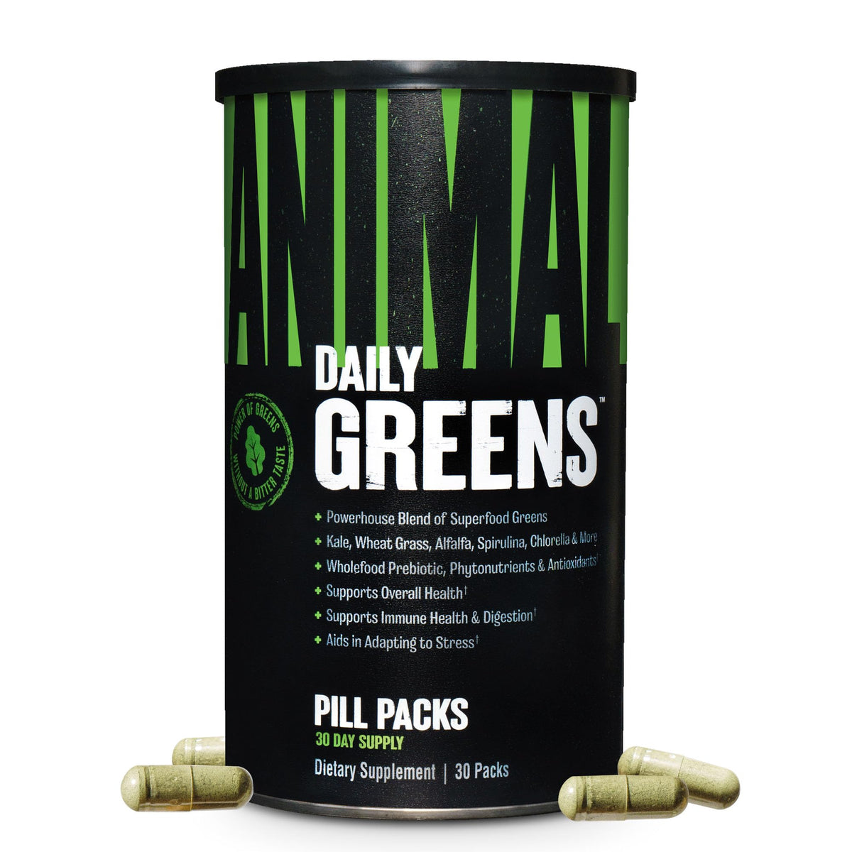 Animal Daily Greens frente del empaque mostrando diseño y duración de 30 días