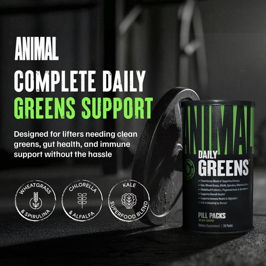 Animal Daily Greens packs abiertos con cápsulas y tabletas listos para tomar