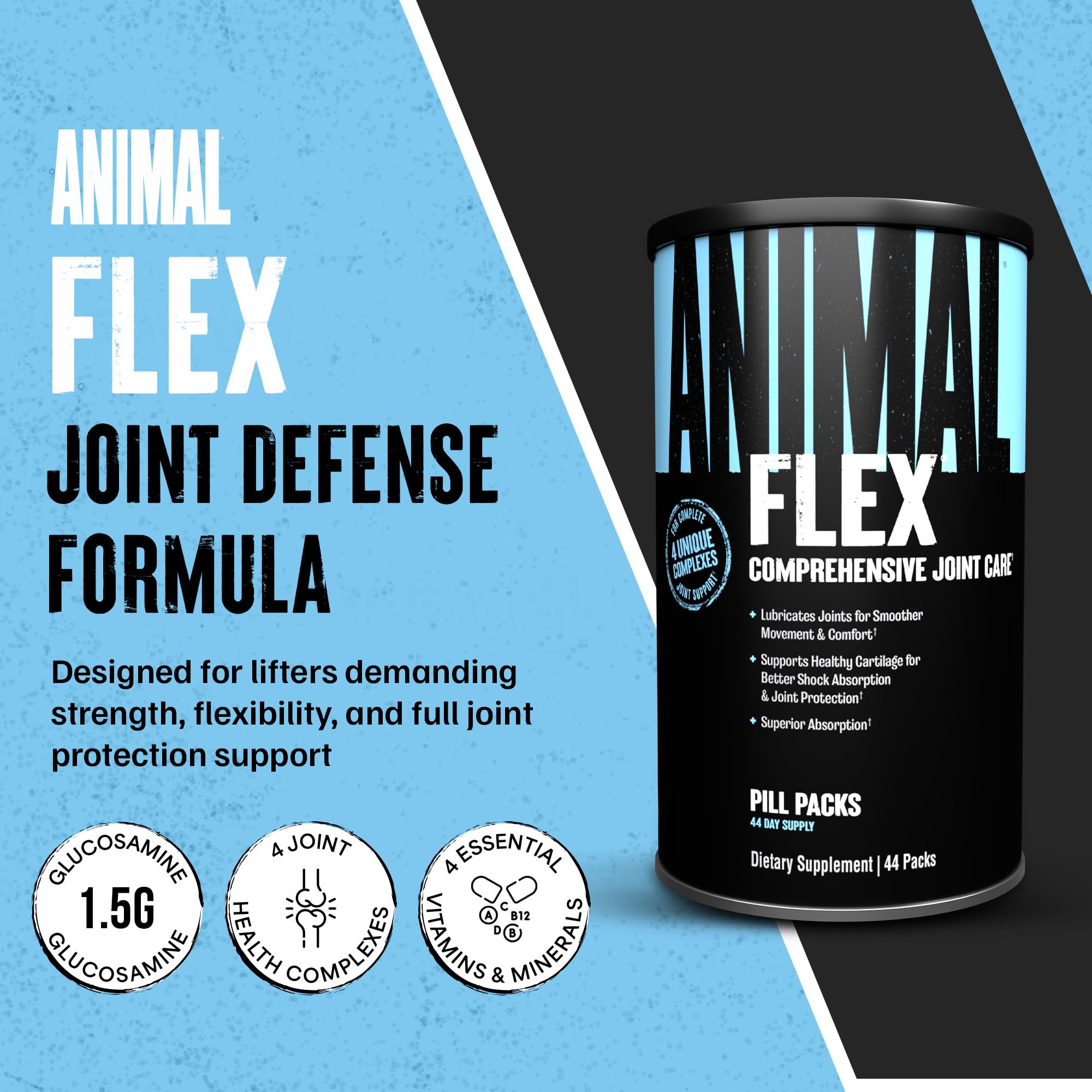 Animal Flex sobre abierto con pastillas visibles para una dosis diaria pre-dosificada práctica