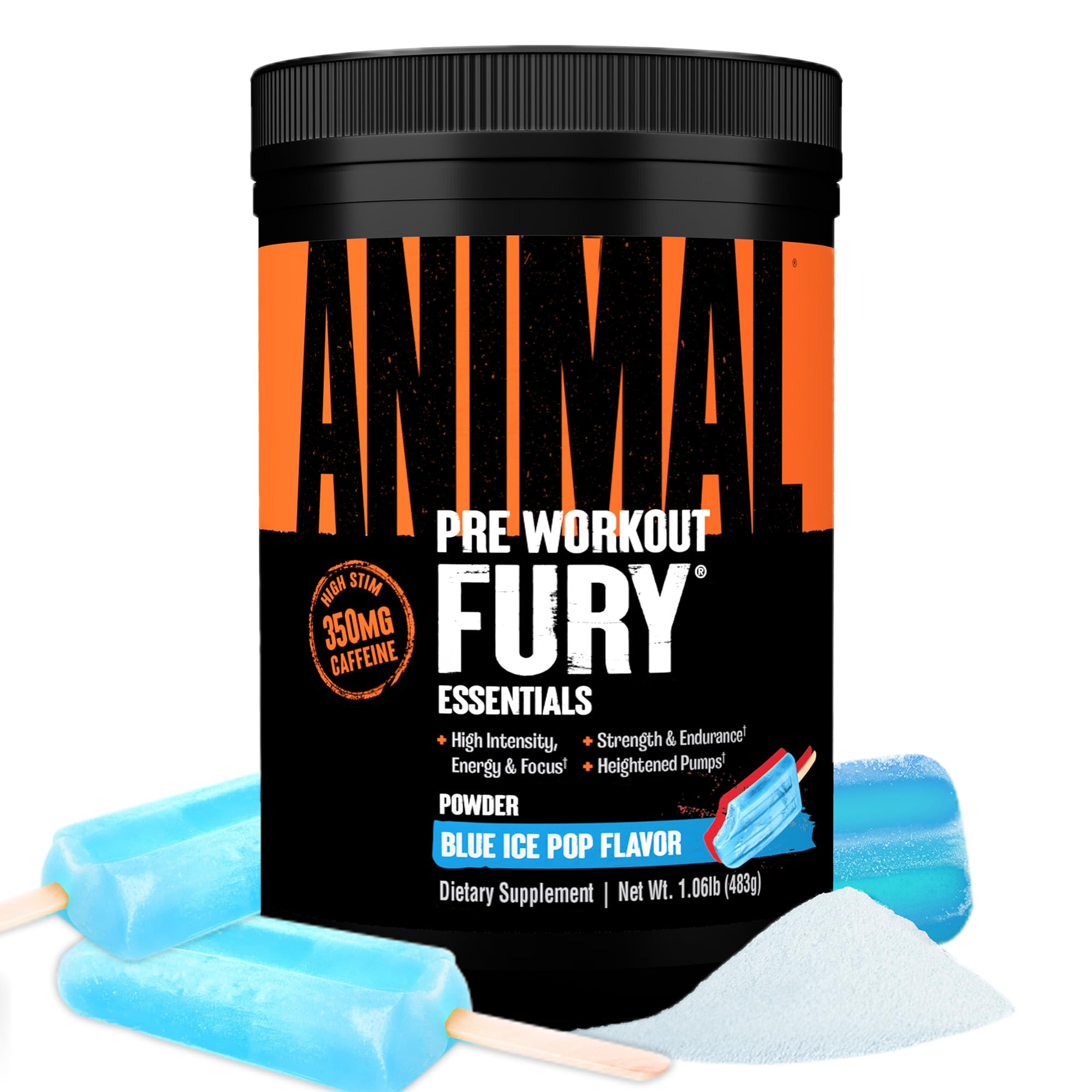 Animal Fury envase frontal mostrando sabor Blue Ice Pop y beneficios energéticos