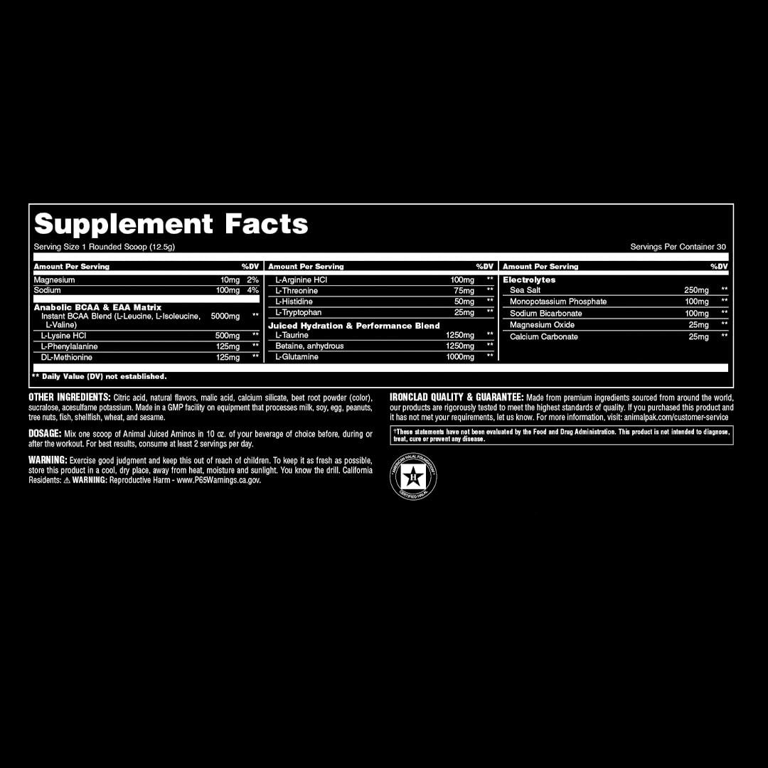 Comparación de tamaño del bote Animal Juiced Aminos que indica 30 servicios disponibles