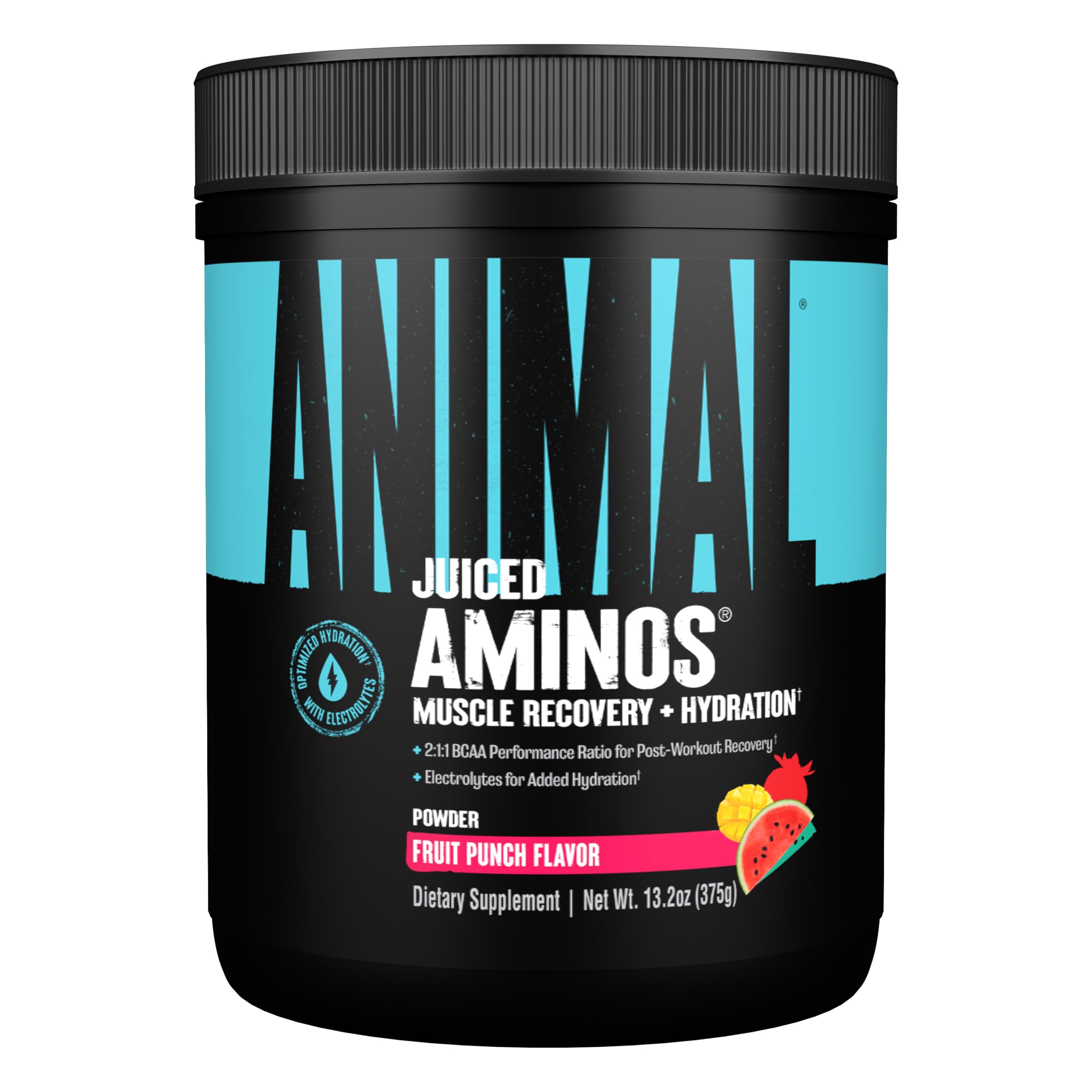 Animal envase frontal de Juiced Aminos mostrando sabor Fruit Punch y beneficio de recuperación