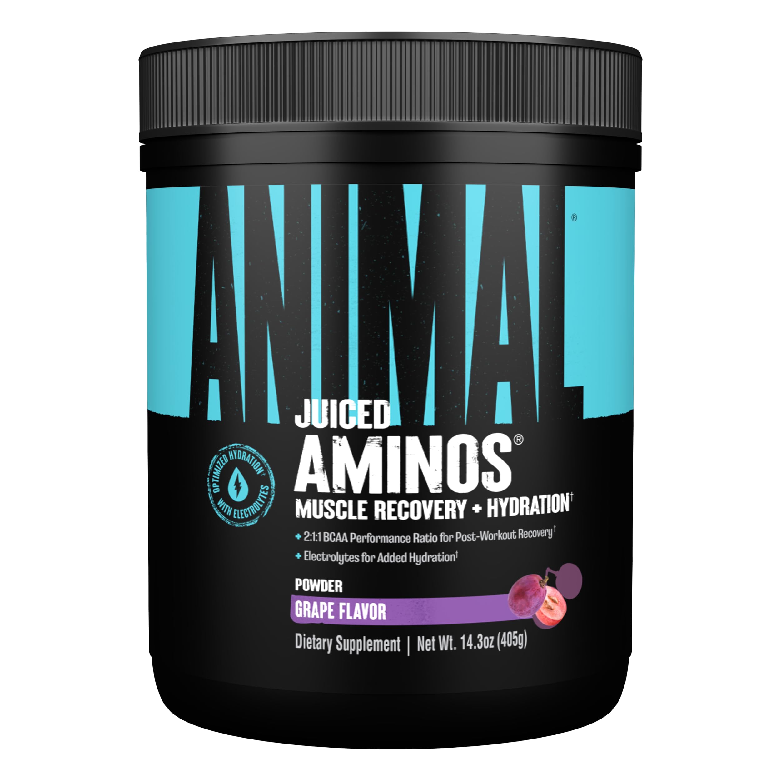 Animal Juiced Aminos envase frontal mostrando sabor uva y porciones