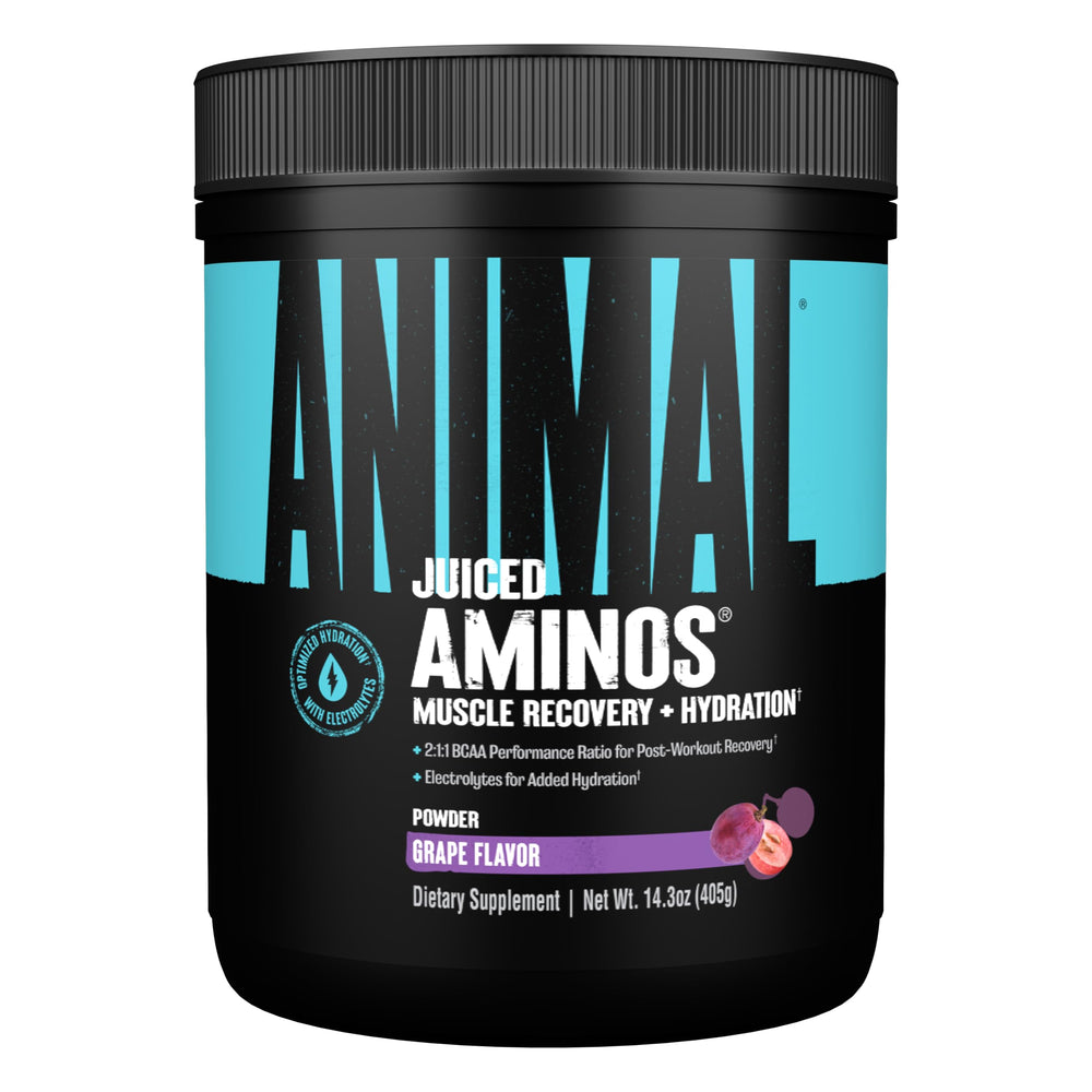 Animal Juiced Aminos envase frontal mostrando sabor uva y porciones