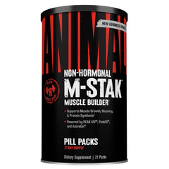 Animal M‑Stak envase frontal mostrando 21 paquetes para ganancia de masa