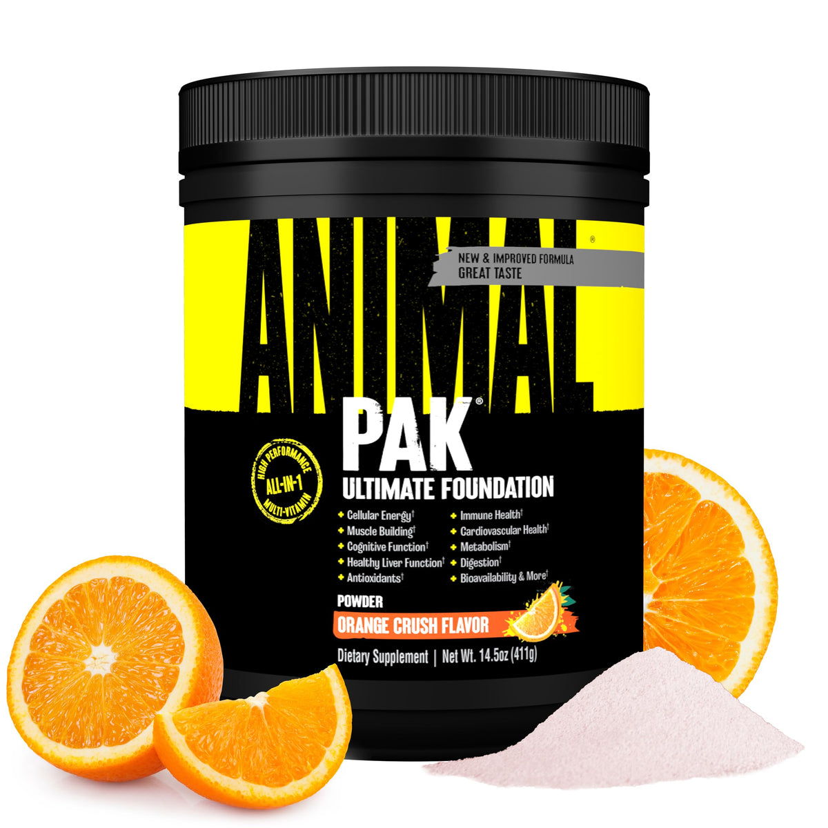Animal Pak envase frontal mostrando sabor Orange Crush y conveniencia