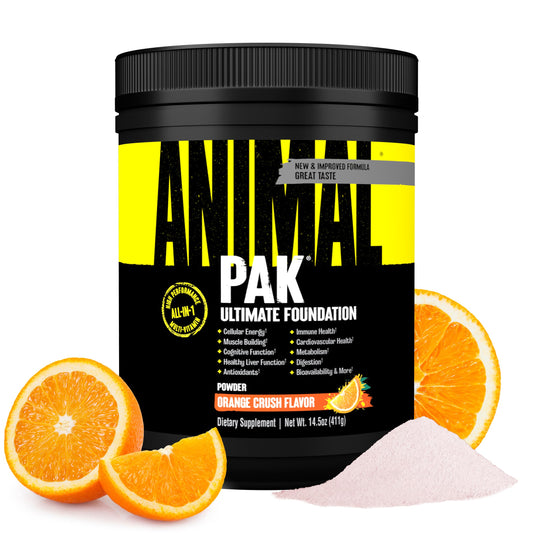 Animal Pak envase frontal mostrando sabor Orange Crush y conveniencia